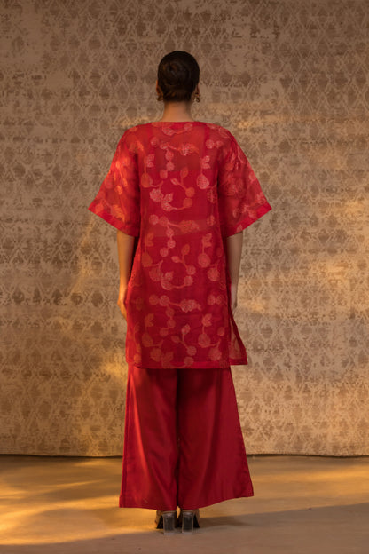 Red organza silk relaxed kurta set back view