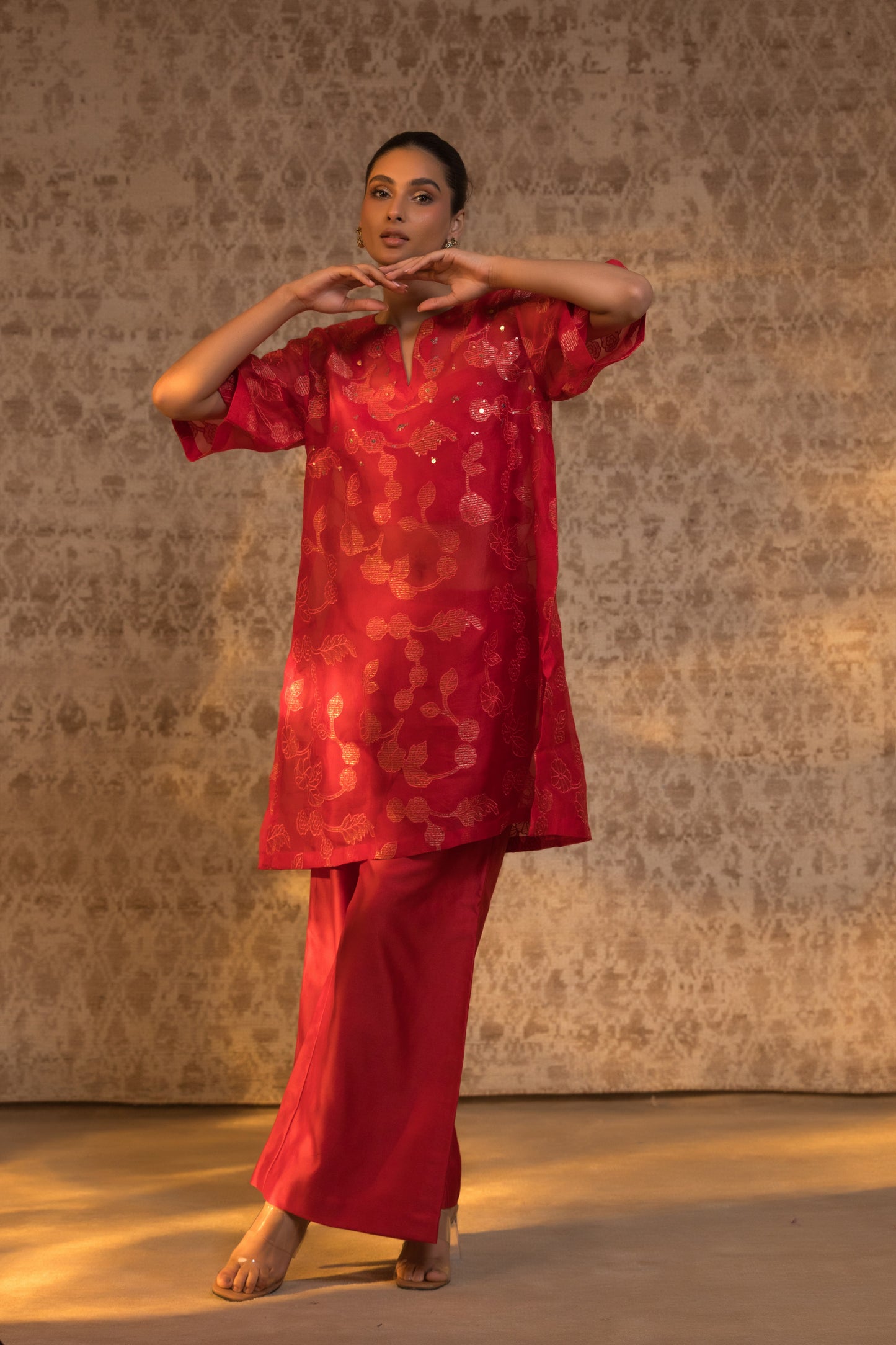 Red organza silk relaxed kurta set with handcrafted detailing