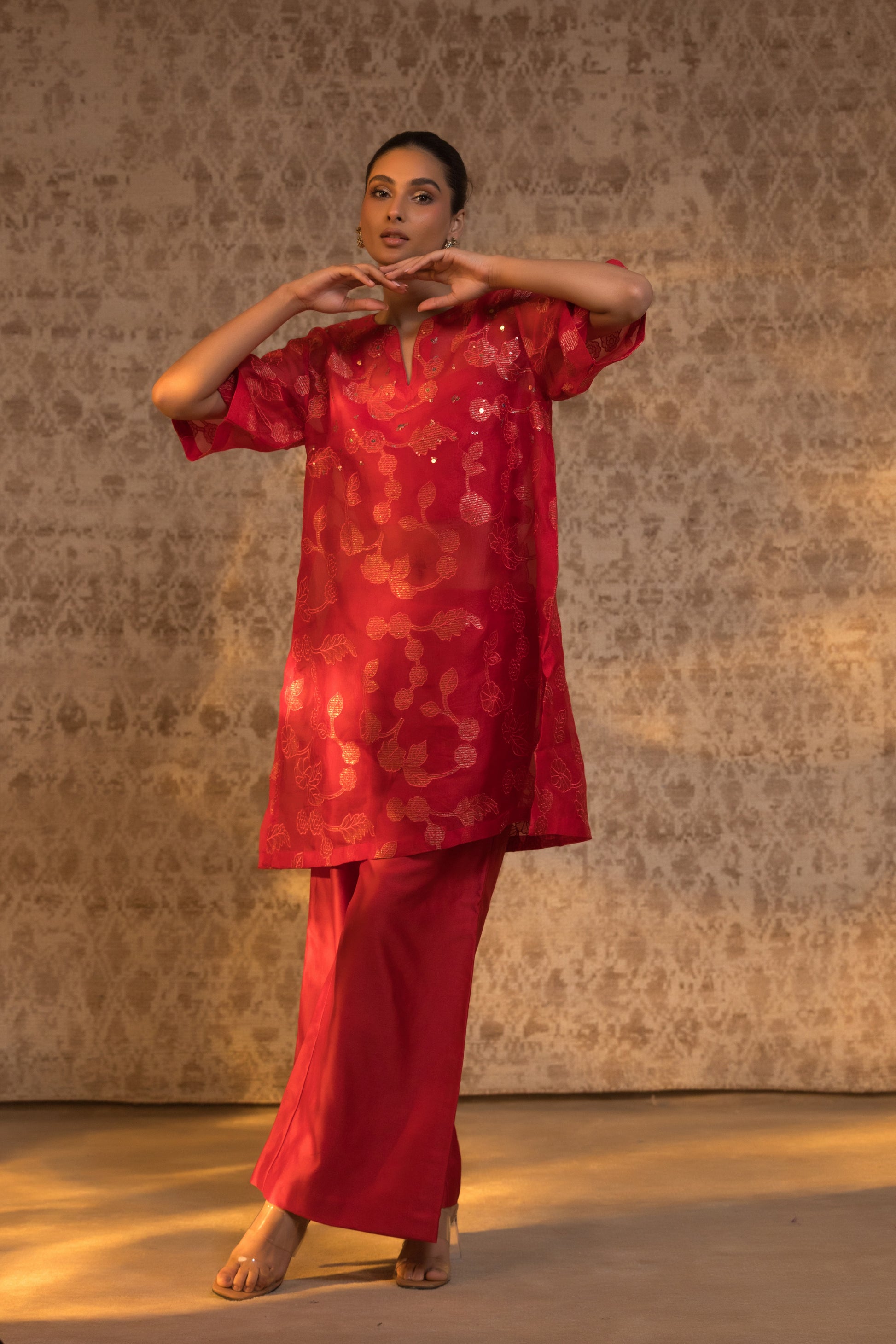 Red organza silk relaxed kurta set with handcrafted detailing