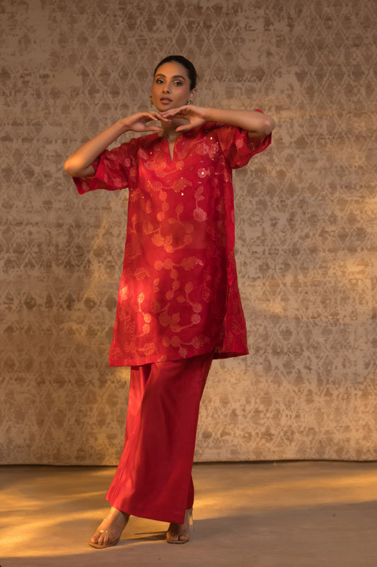 Red organza silk relaxed kurta set with handcrafted detailing