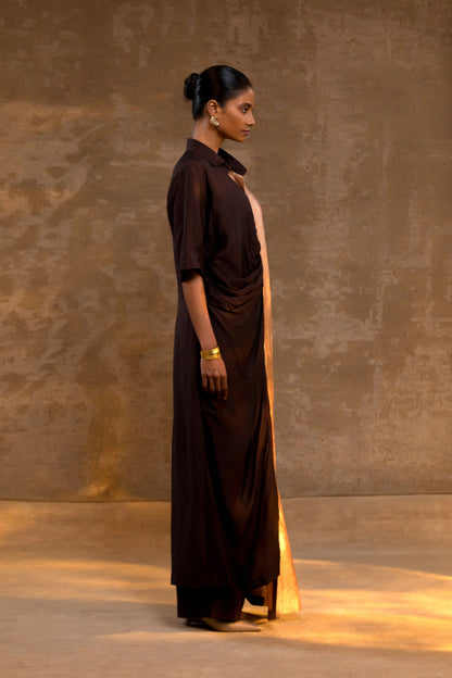 Agneya Silk Drape Shirt Set - Brown
