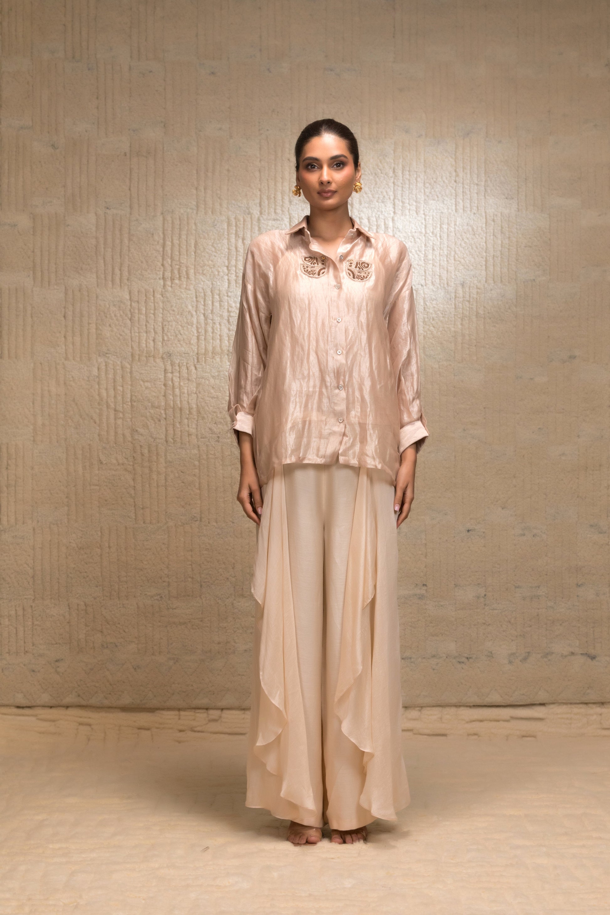 Pastel striped tissue top with layered pants, luxury Indian designer ensemble for formal and festive wear
