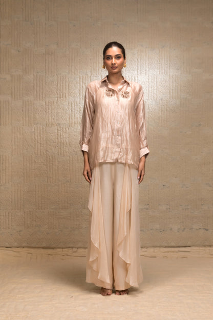 Pastel striped tissue top with layered pants, luxury Indian designer ensemble for formal and festive wear