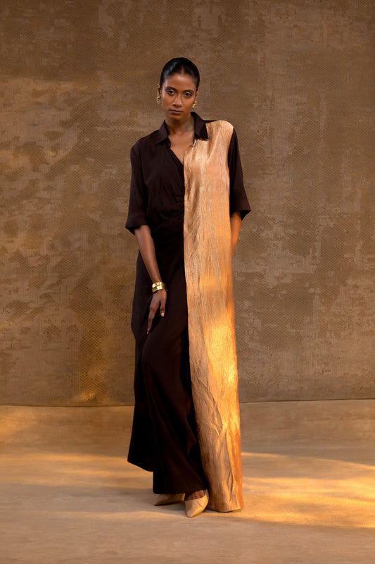 Agneya Silk Drape Shirt Set - Brown