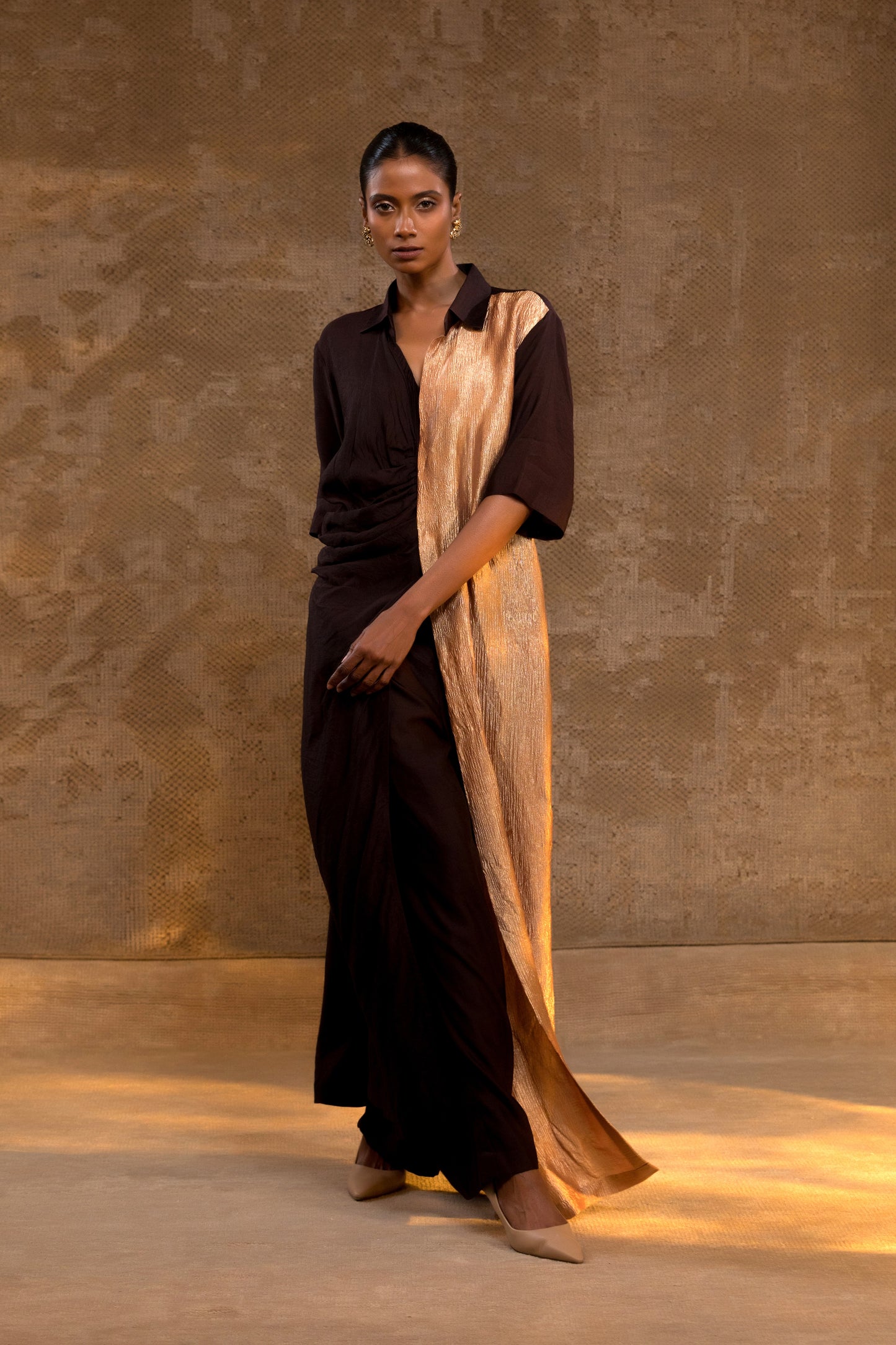 Agneya Silk Drape Shirt Set - Brown