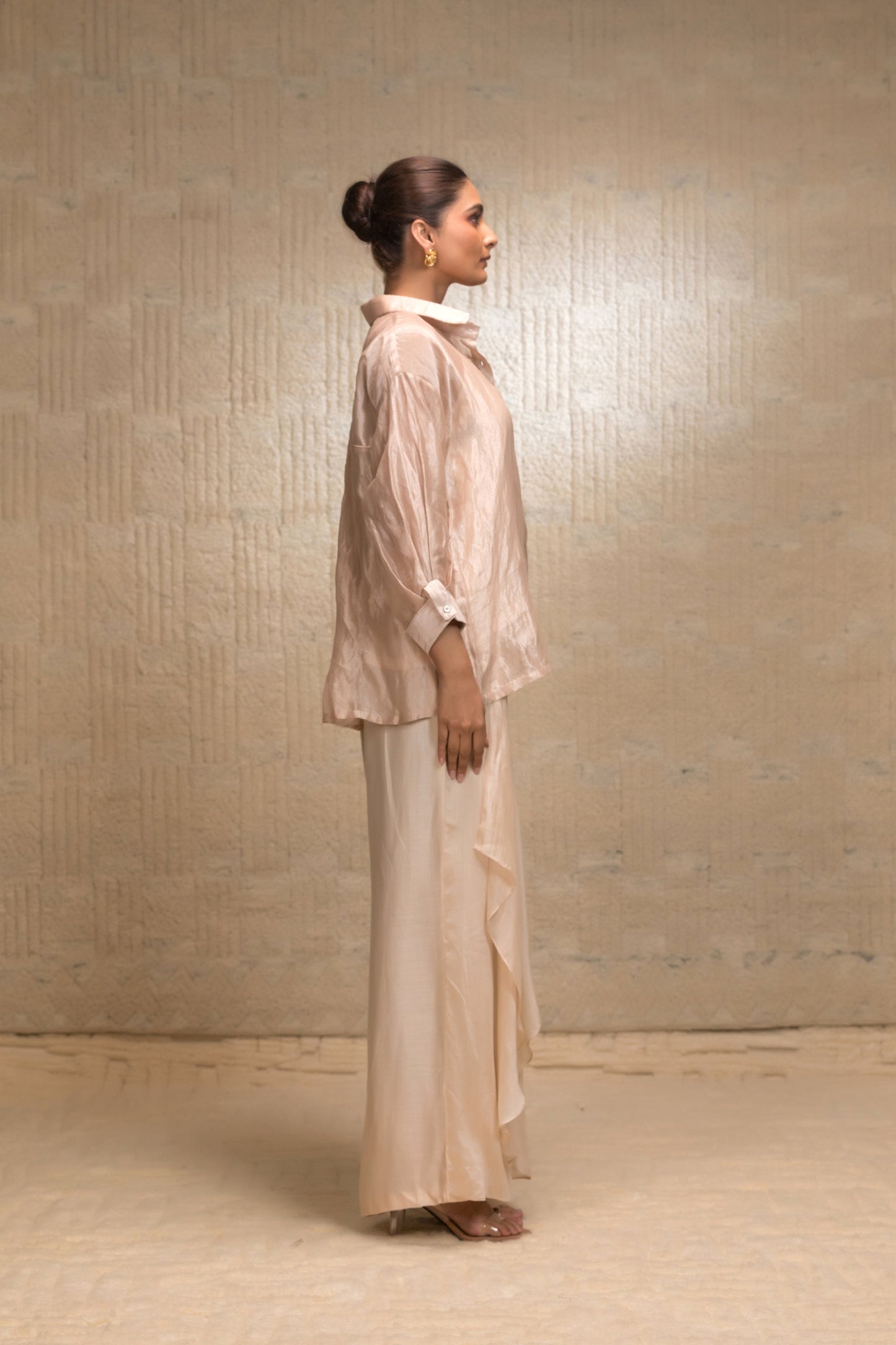 pink color banarasi Tissue silk striped coord set with layered pants