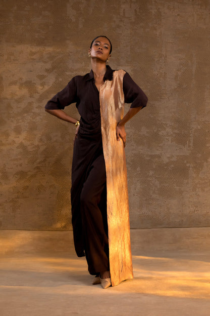 Agneya Silk Drape Shirt Set - Brown