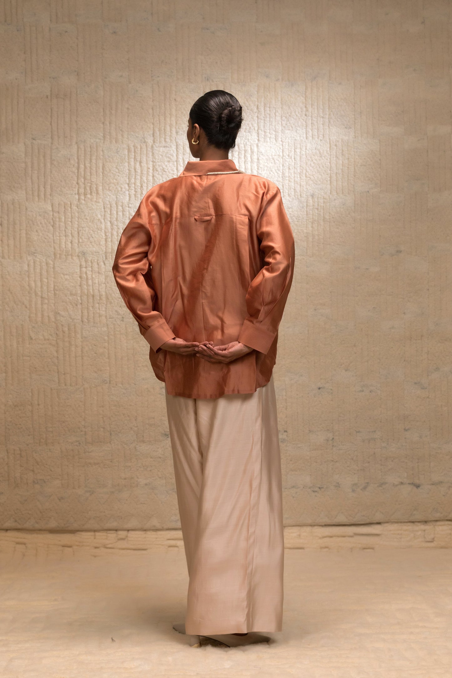 Eeda Zardozi Tulip Collar Silk Shirt - Camel