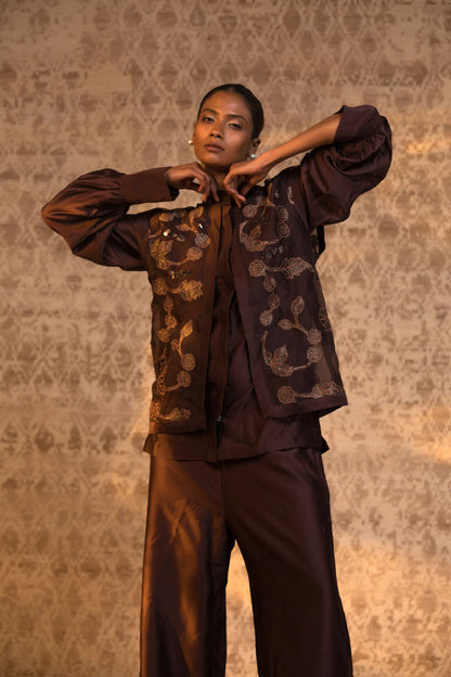 Taral Pure Organza Jacket Style CoordSet - Brown