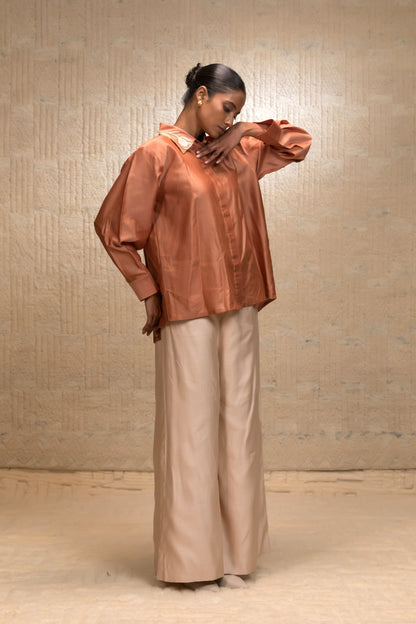 Eeda Zardozi Tulip Collar Silk Shirt - Camel