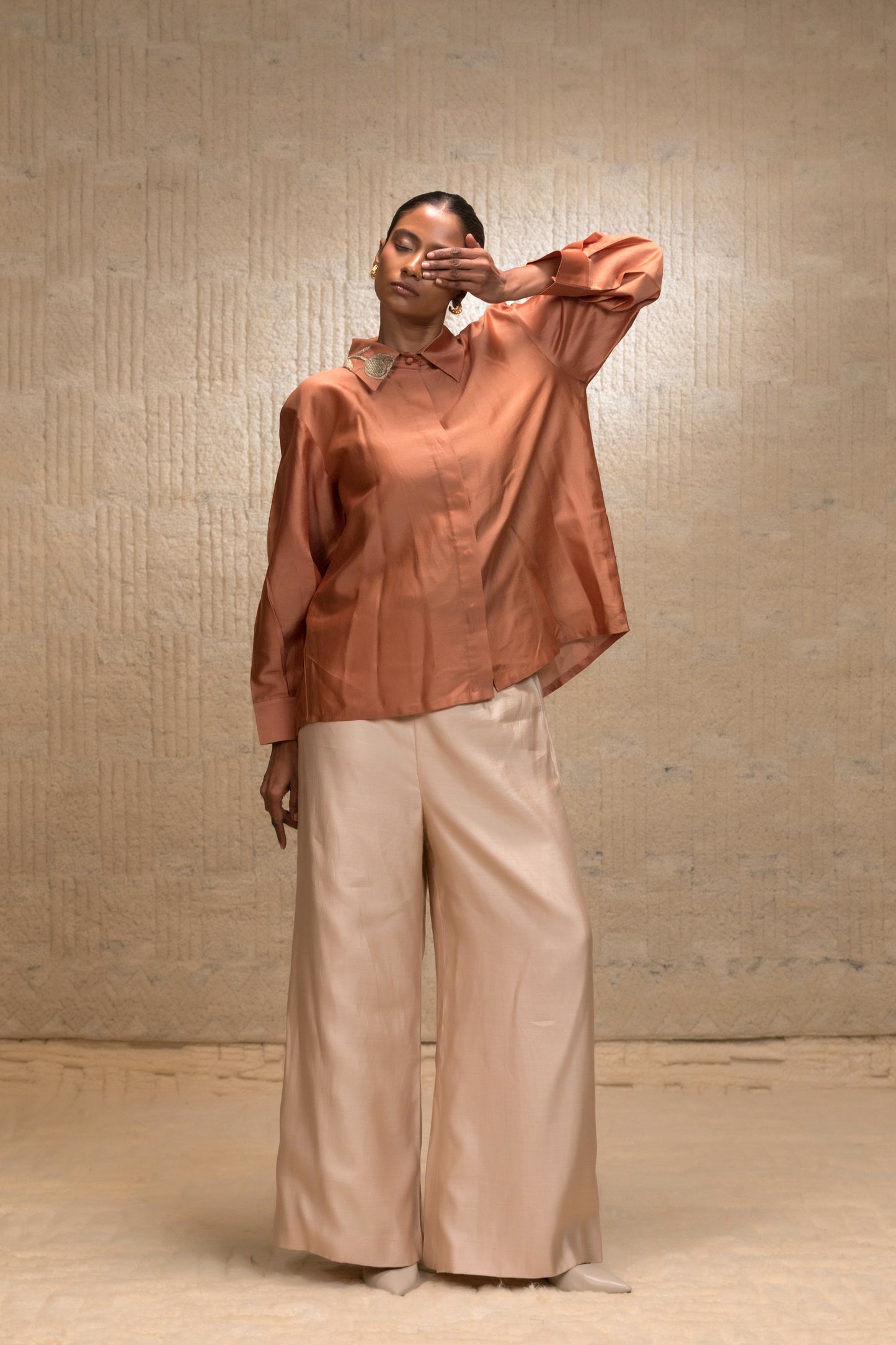 Eeda Zardozi Tulip Collar Silk Shirt - Camel