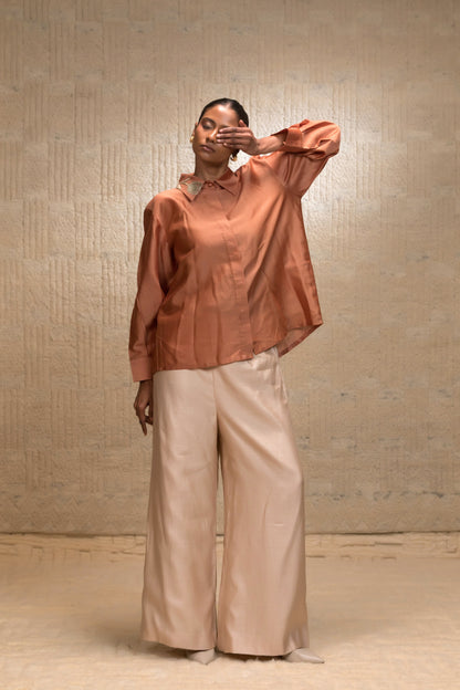 Eeda Zardozi Tulip Collar Silk Shirt - Camel