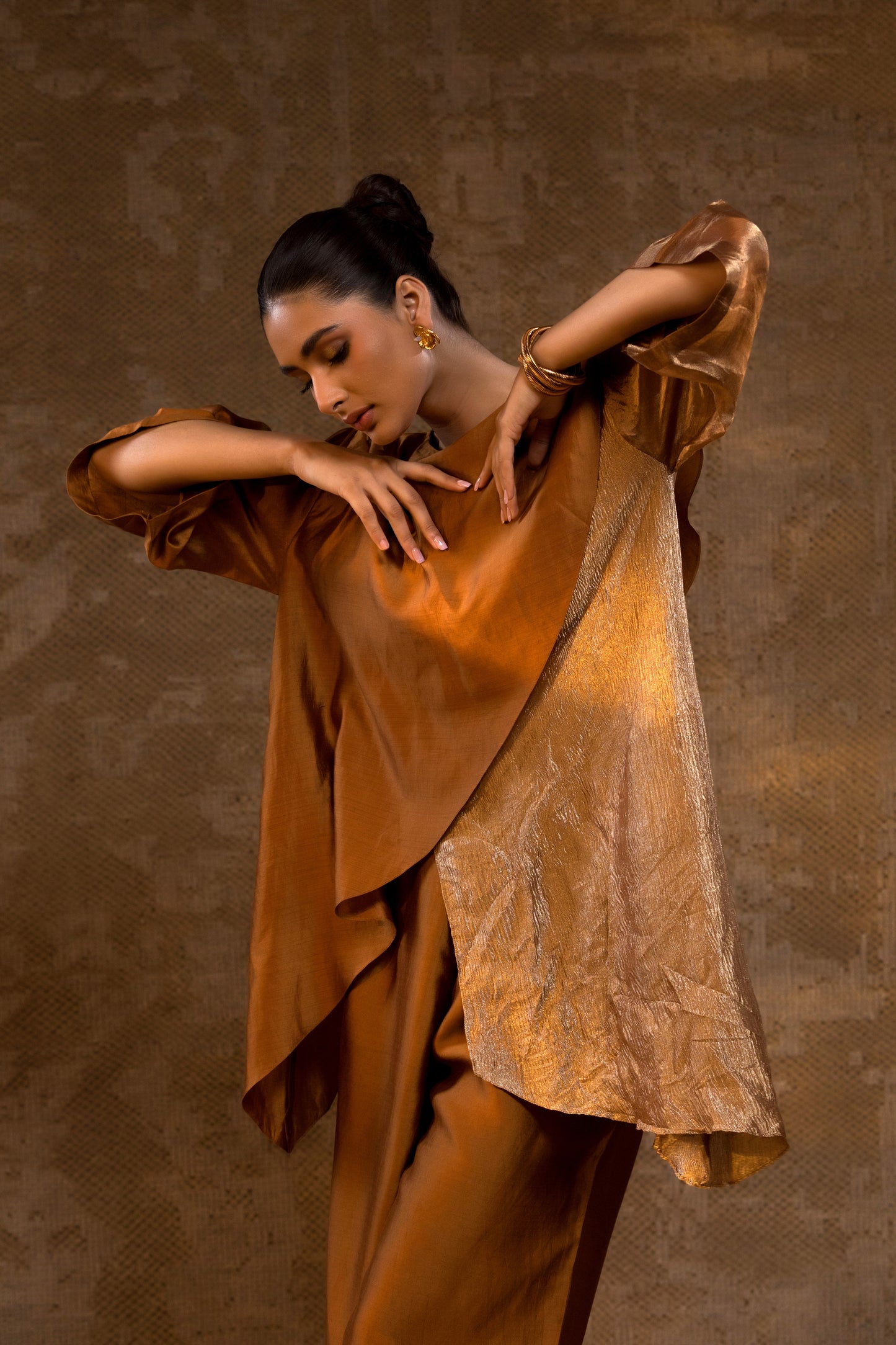 Agneya Tissue & Silk Layered Co-ord Set - DarkAmber