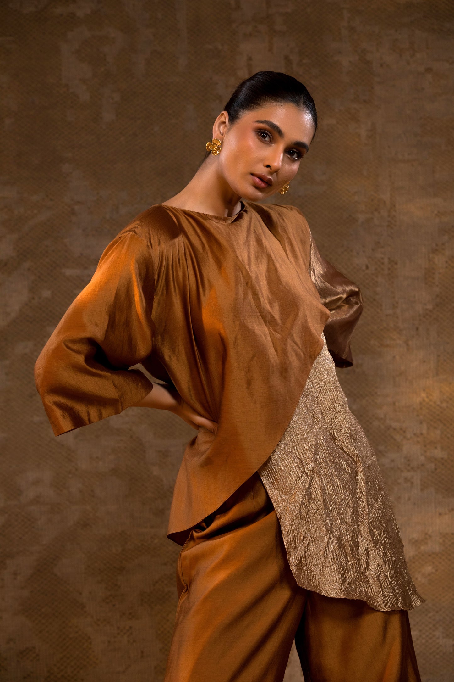 Agneya Tissue & Silk Layered Co-ord Set - DarkAmber