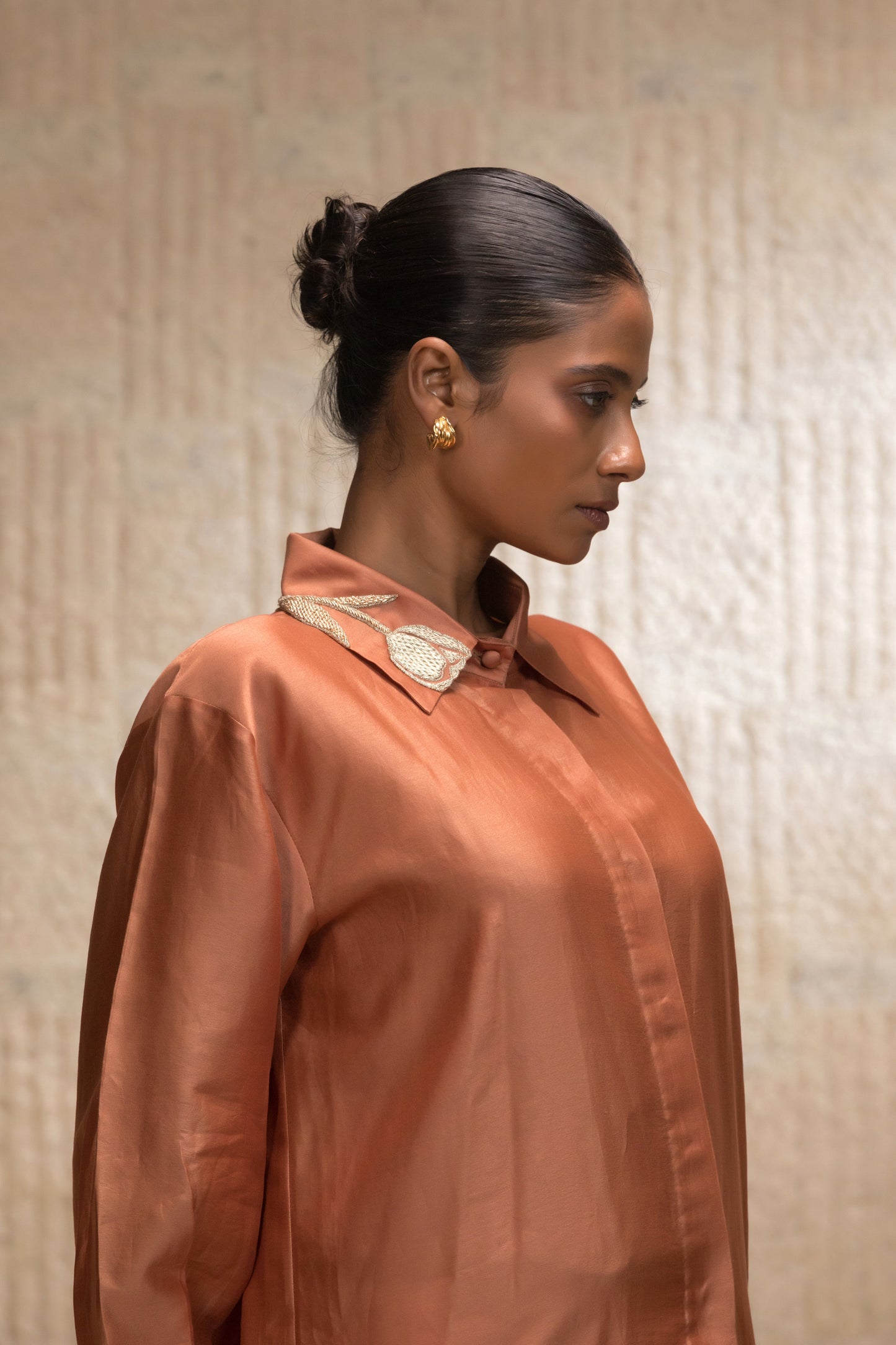 Eeda Zardozi Tulip Collar Silk Shirt - Camel