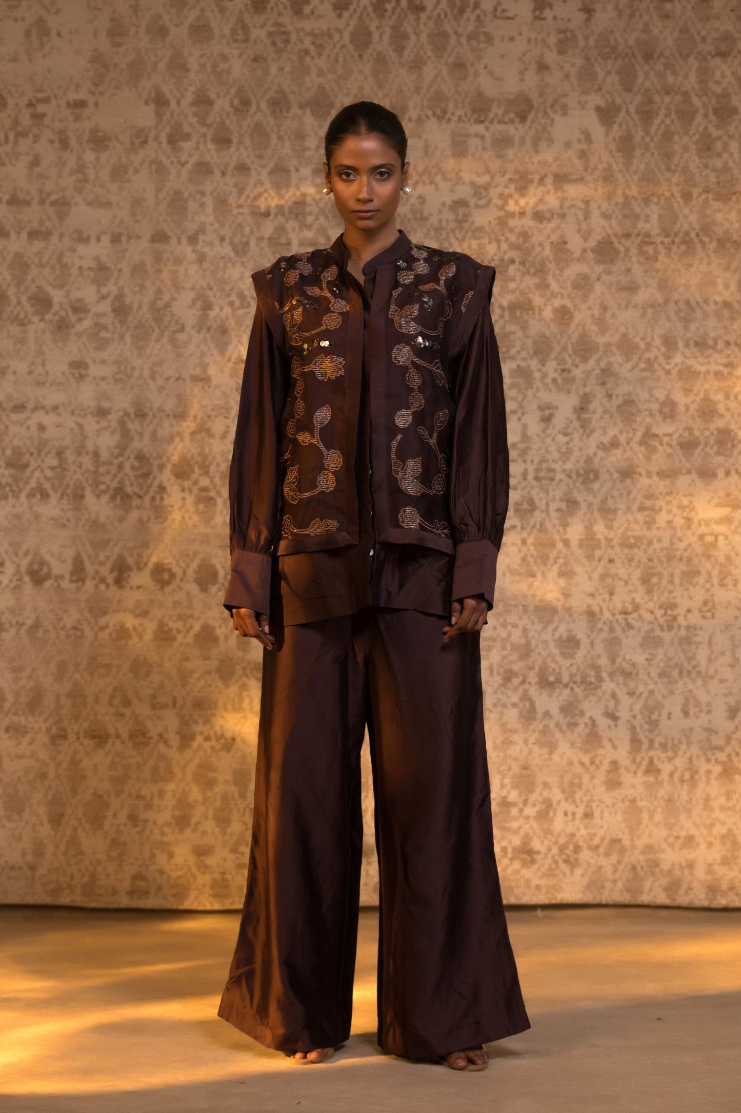 Brown banarasi organza silk jacket coord option, modern Indian designer outfit for wedding events and NRI festive wear