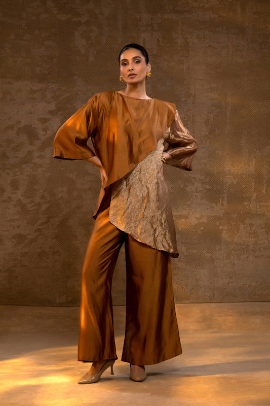 Agneya Tissue & Silk Layered Co-ord Set - DarkAmber