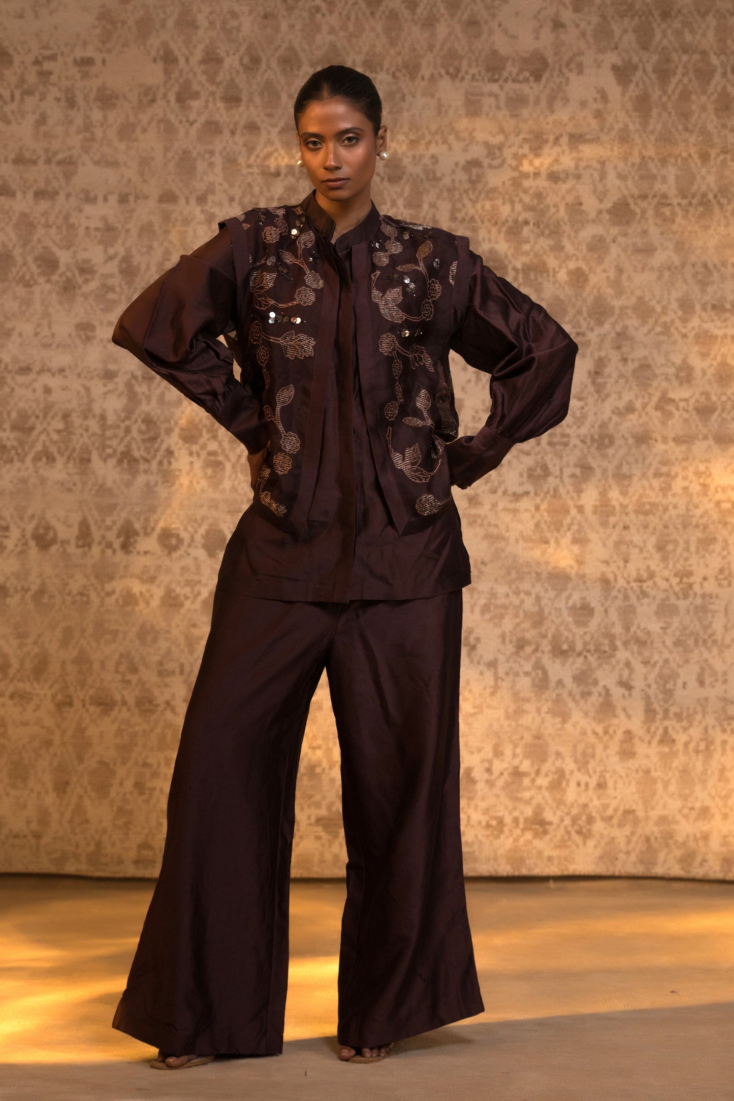 Taral Pure Organza Jacket Style CoordSet - Brown