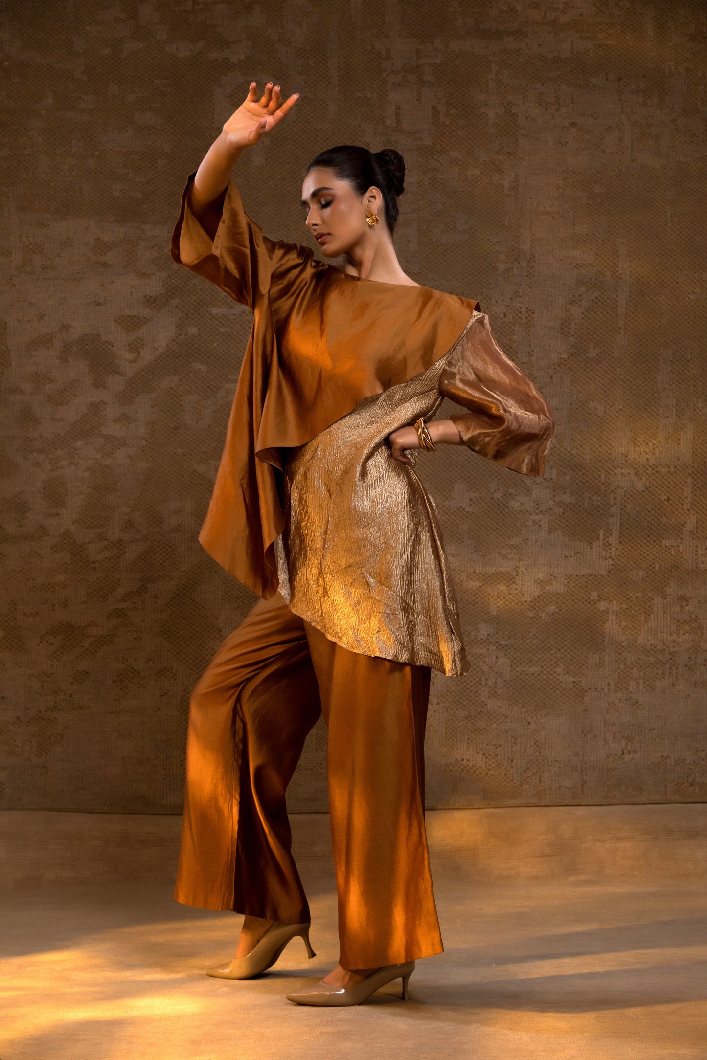 Agneya Tissue & Silk Layered Co-ord Set - DarkAmber