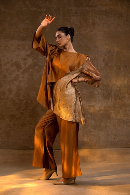 Agneya Tissue & Silk Layered Co-ord Set - DarkAmber