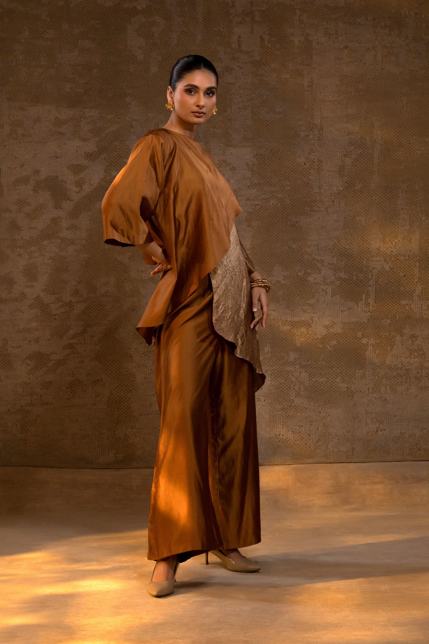 Agneya Tissue & Silk Layered Co-ord Set - DarkAmber