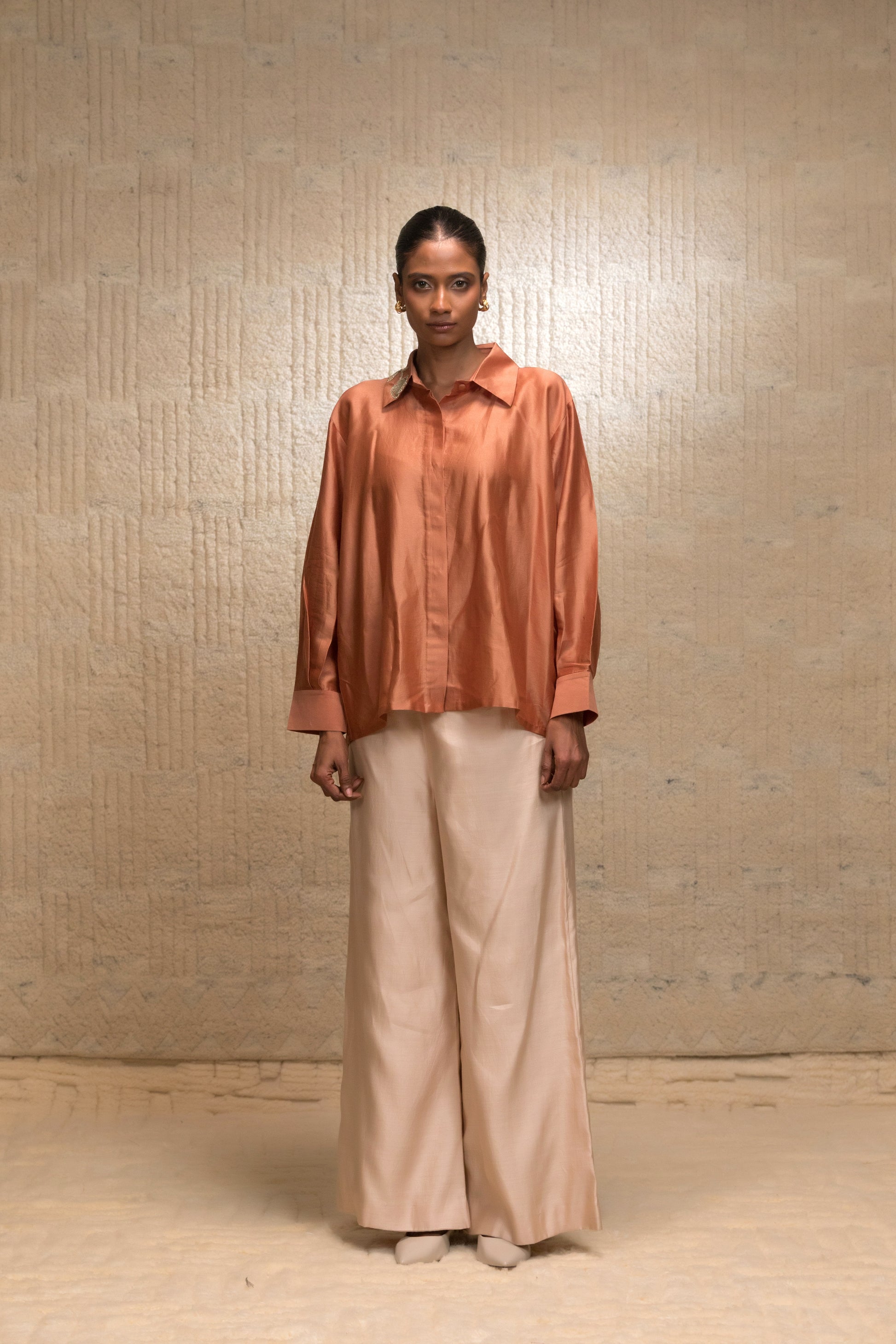 Chanderi silk women’s shirt with zardozi tulip embroidery on collar, relaxed fit luxury Indian designer wear by EEDA