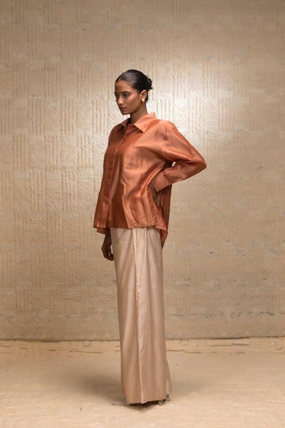 Eeda Zardozi Tulip Collar Silk Shirt - Camel