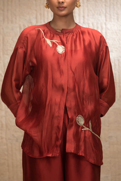 Eeda Zardozi Tulip Collar Silk ShirtSet - Maroon