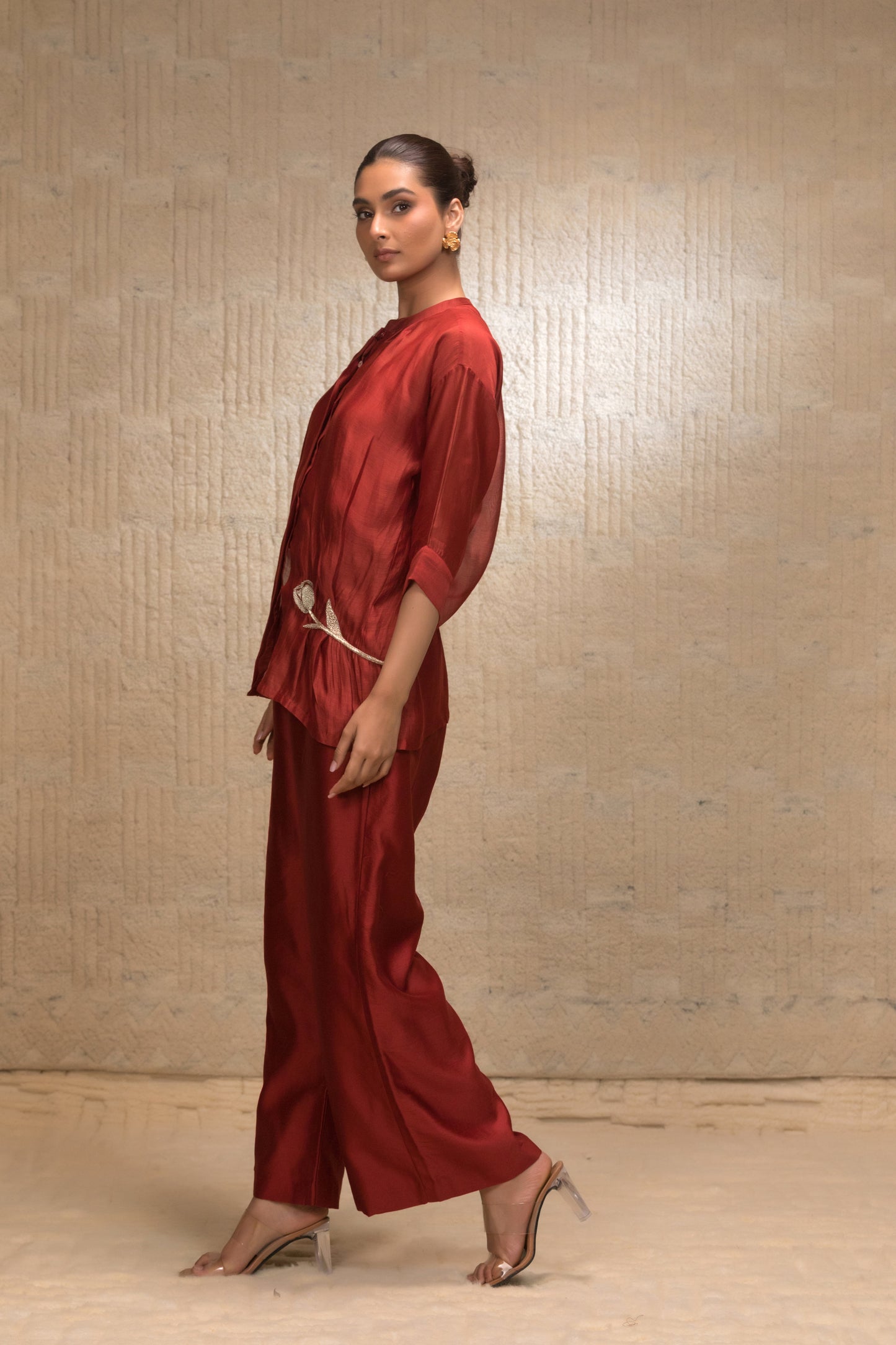 Eeda Zardozi Tulip Collar Silk ShirtSet - Maroon