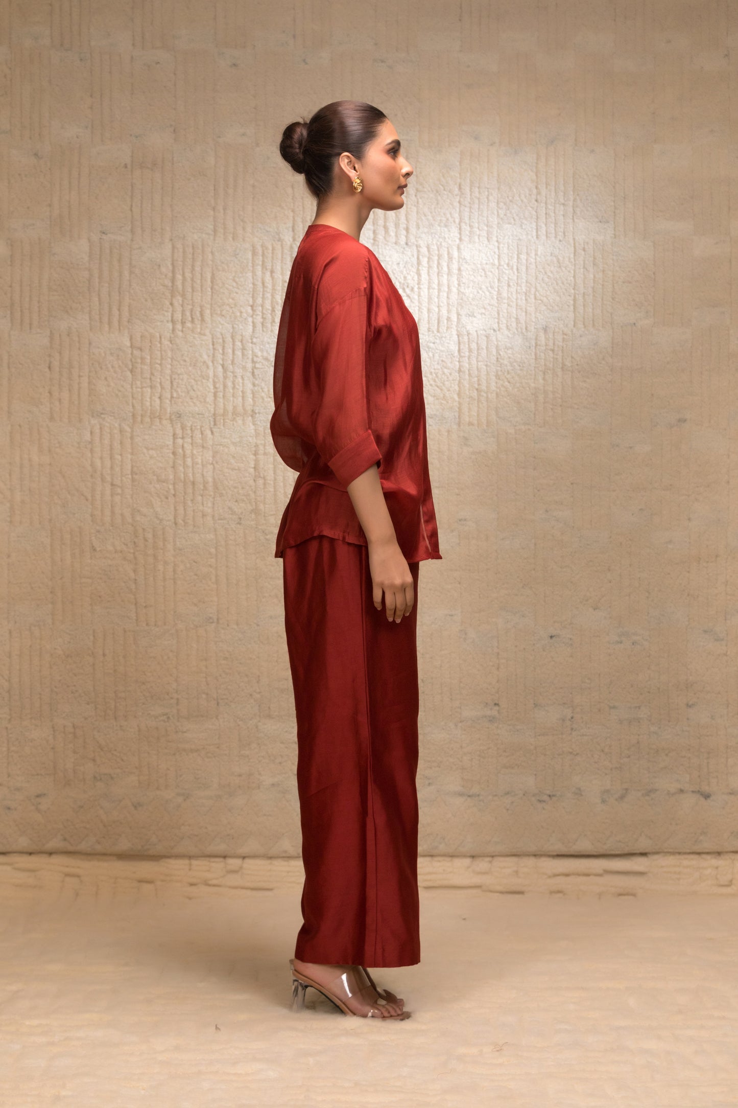 Eeda Zardozi Tulip Collar Silk ShirtSet - Maroon