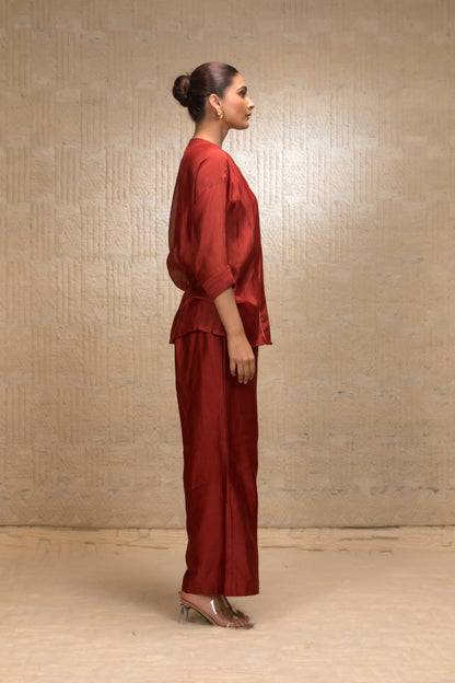 Eeda Zardozi Tulip Collar Silk ShirtSet - Maroon