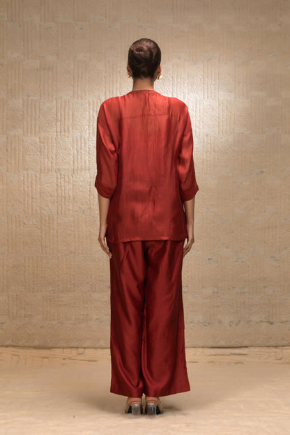 Eeda Zardozi Tulip Collar Silk ShirtSet - Maroon