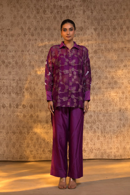 Purple organza silk high low shirt option in banarasi material, modern Indian ethnic designer outfit for day wear, evening funtion, light occasion