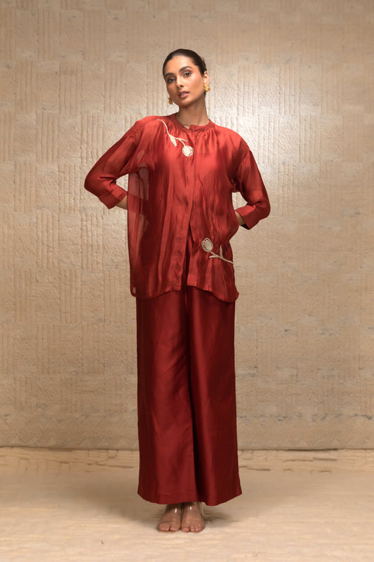 Eeda Zardozi Tulip Collar Silk ShirtSet - Maroon