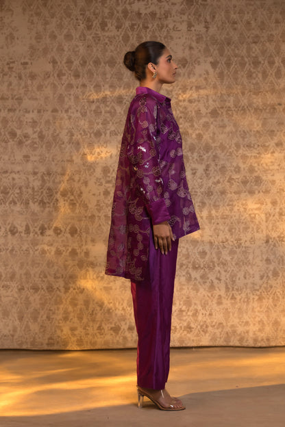 Taral Pure Organza High Low ShirtSet - Purple