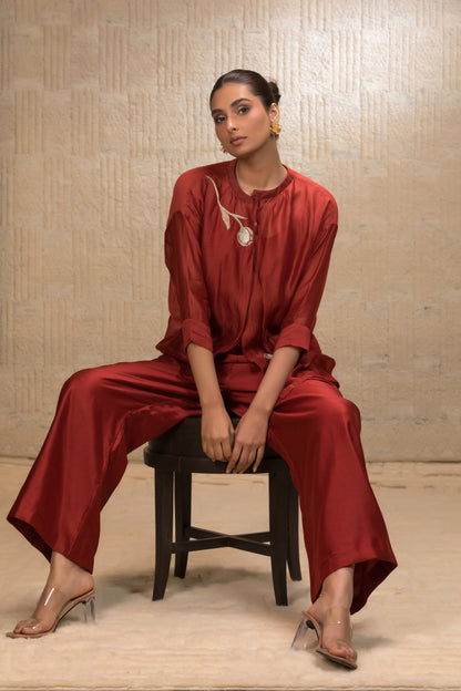 Eeda Zardozi Tulip Collar Silk ShirtSet - Maroon