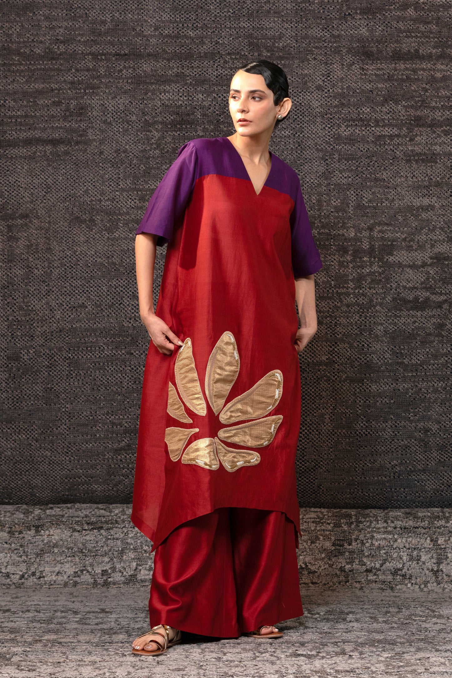 Gulnaar Long KurtaSet - Purple Red