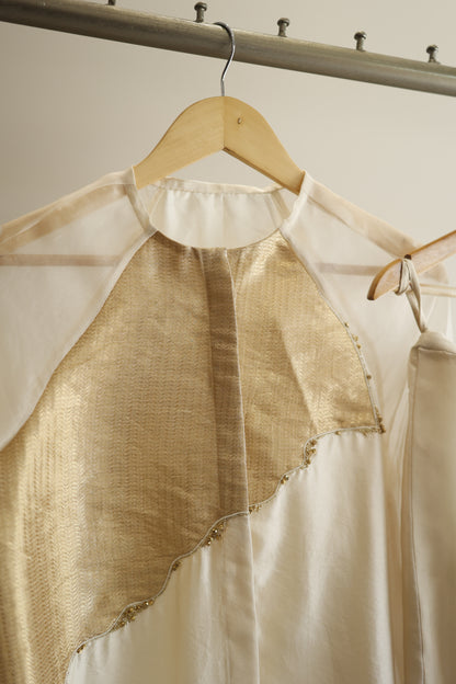 eeda ivory silk tissue patchwork shirt, back view showing relaxed silhouette