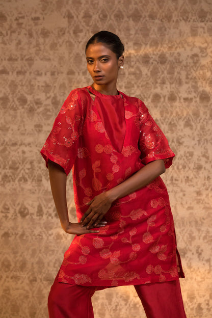 Taral Pure Organza Halter KurtaSet - Red