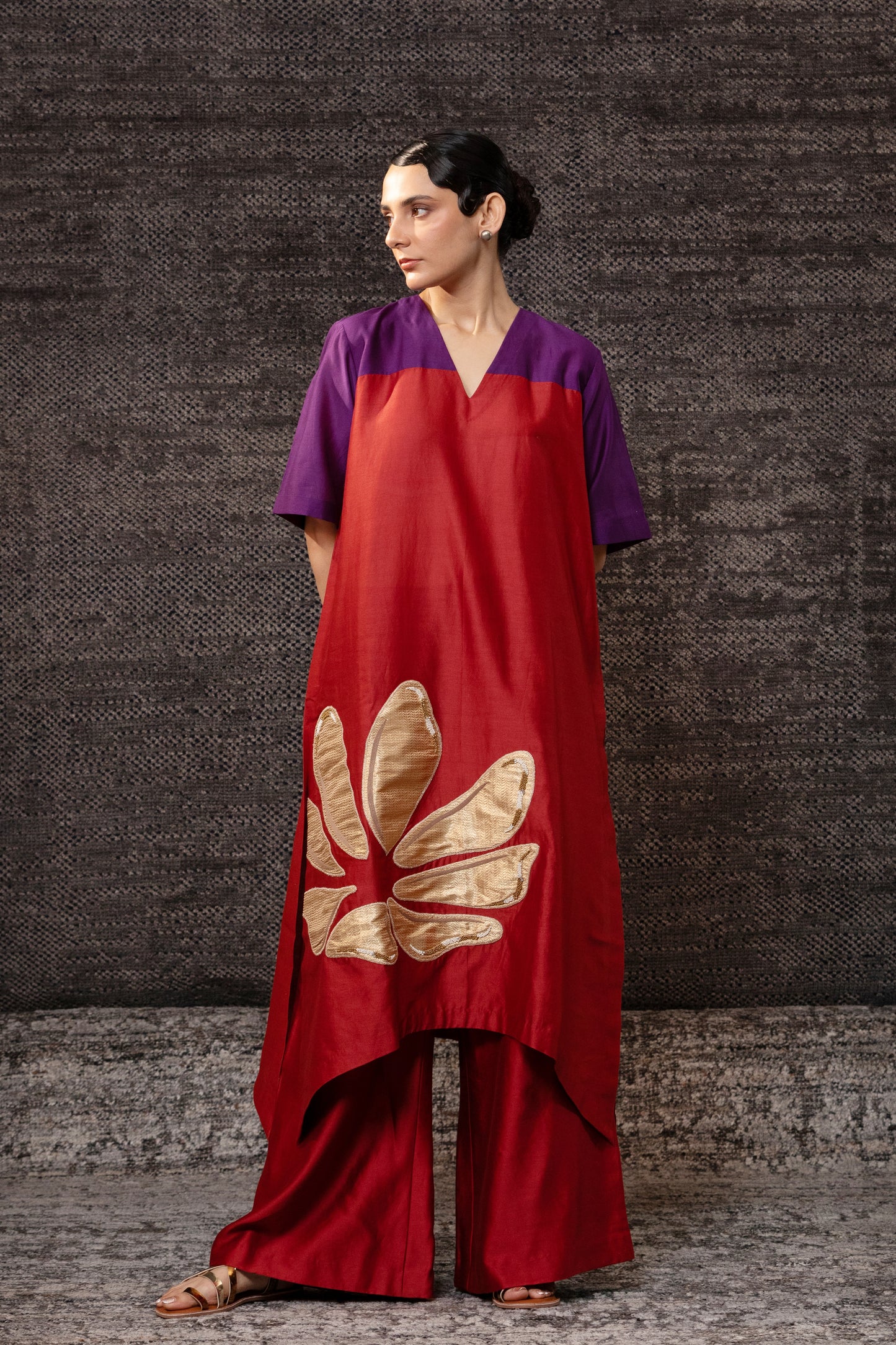 Gulnaar Long KurtaSet - Purple Red