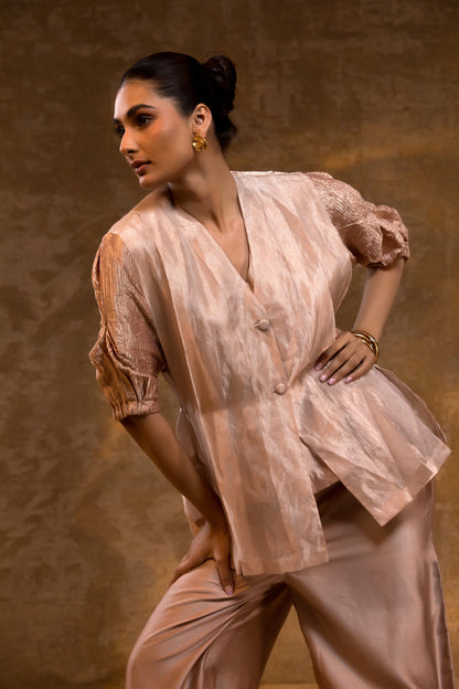 Agneya Layered Silk & Tissue Jacket Set - Blush