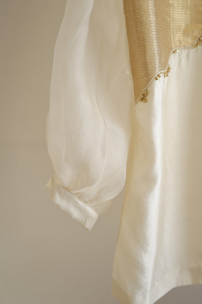 eeda ivory chiniya silk shirt with asymmetrical gold tissue panel, side angle view