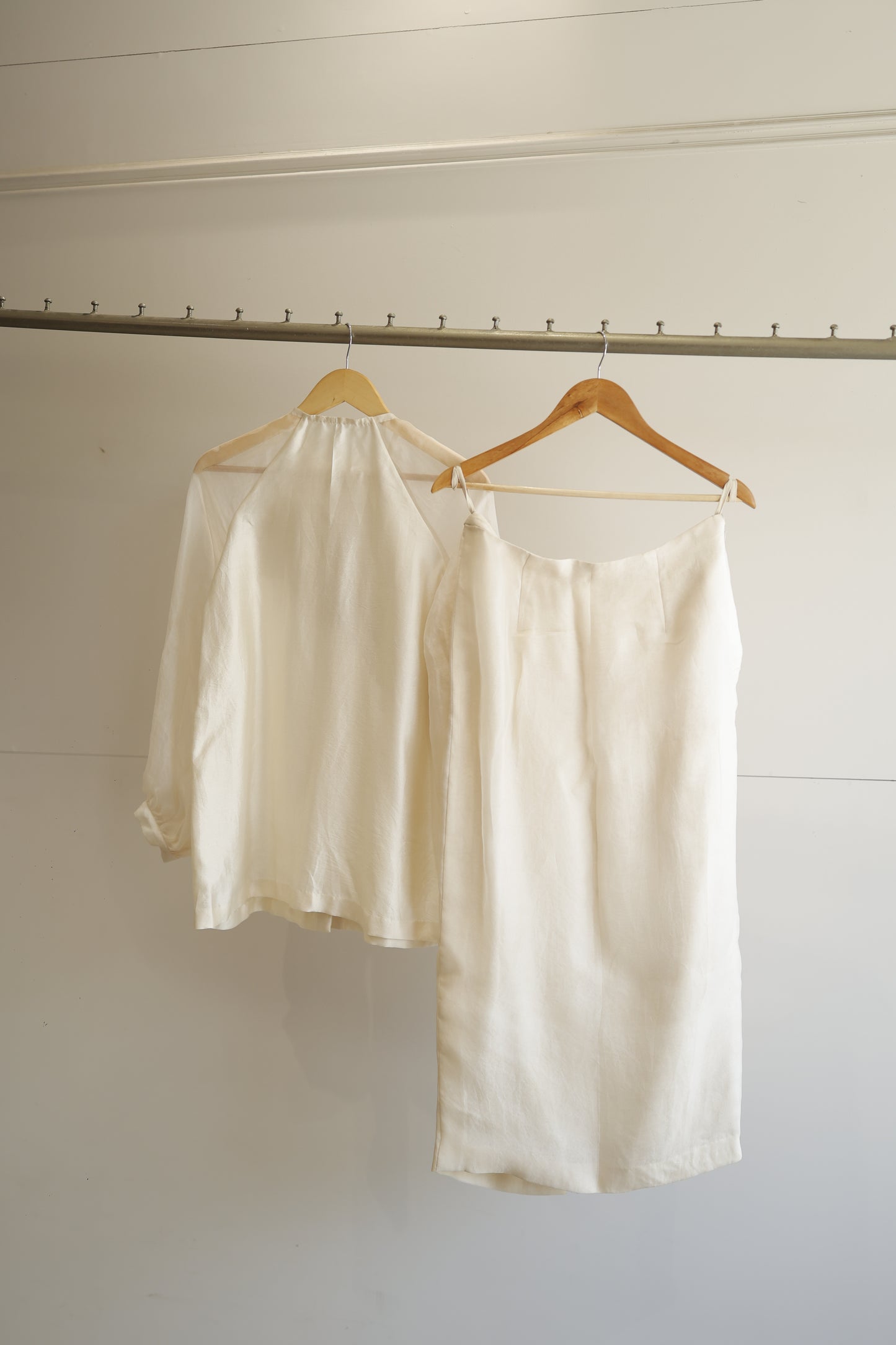 Eeda Silk Tissue Patchwork Shirt with Skirt - Ivory