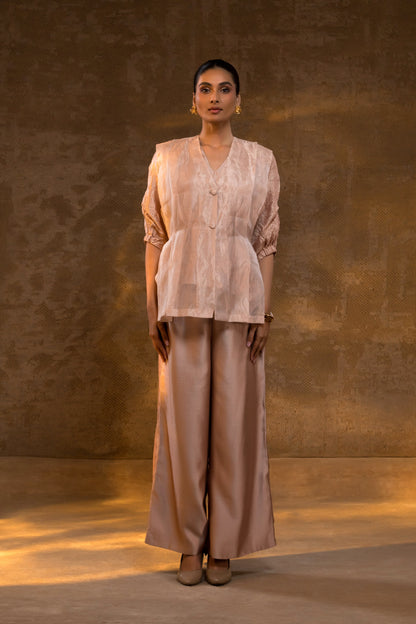 Agneya Layered Silk & Tissue Jacket Set - Blush