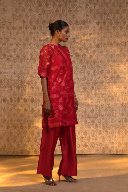 Taral Pure Organza Halter KurtaSet - Red