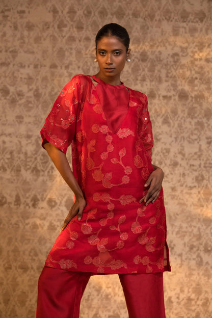 Taral Pure Organza Halter KurtaSet - Red