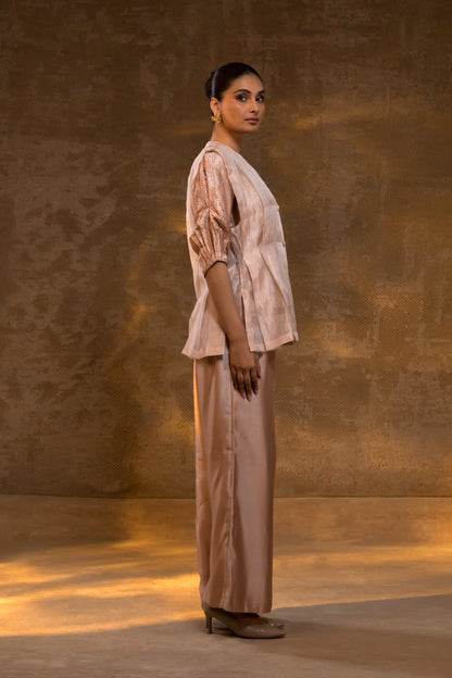 Agneya Layered Silk & Tissue Jacket Set - Blush