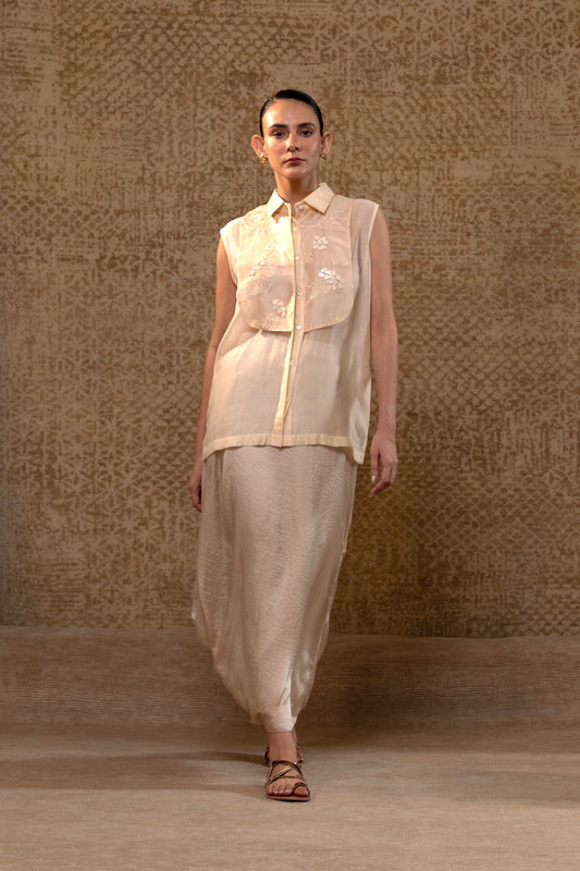 Taral Applique Yolk Shirt Skirt Set - Off-White
