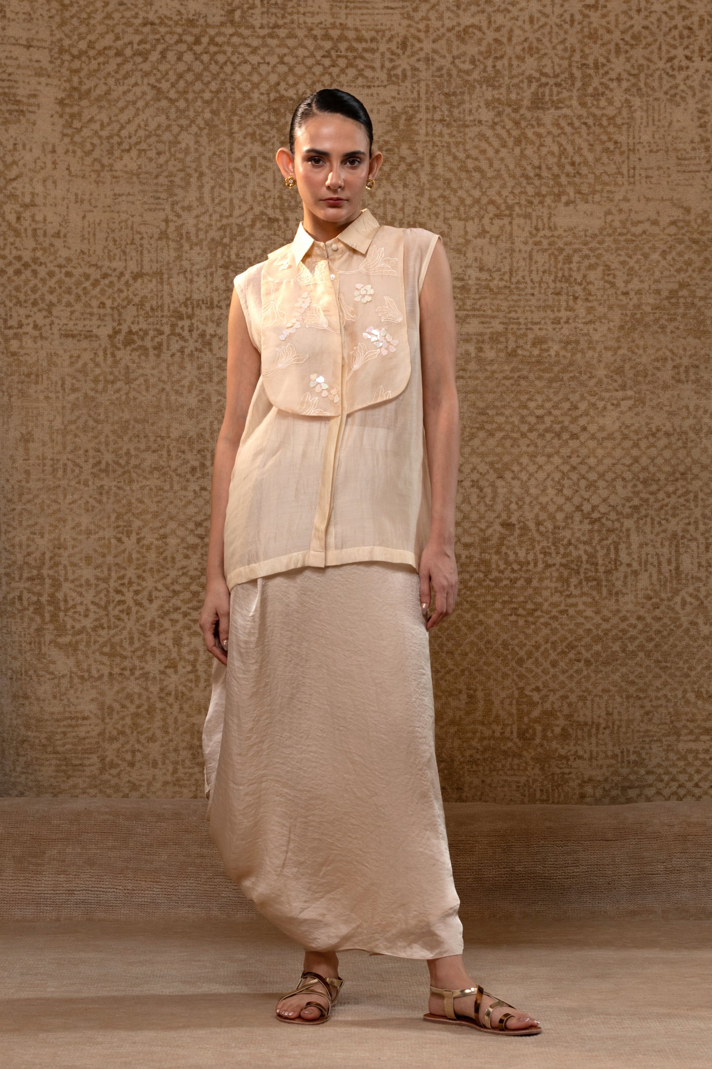 Taral Applique Yolk Shirt Skirt Set - Off-White