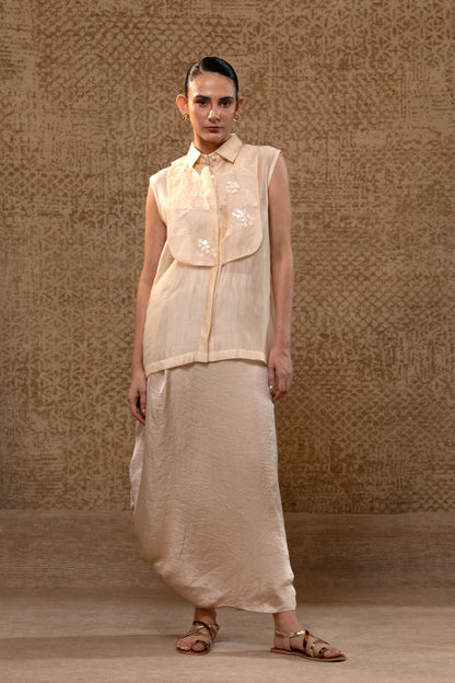 Taral Applique Yolk Shirt Skirt Set - Off-White